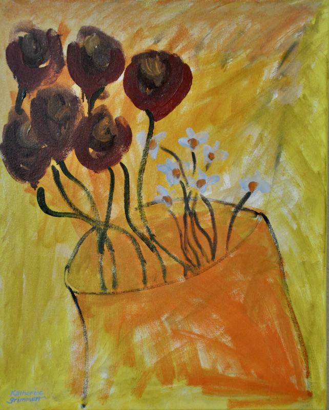 Deep-Red and Pale-Blue Flowers in Large Orange Pot