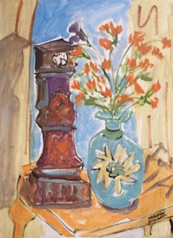 Yellow Still Life with Miniature Grandfather Clock and lue Vase with Orange Flowers