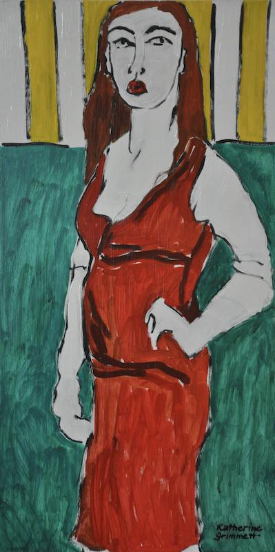 Woman in Red Dress Against Green with Yellow Stripes