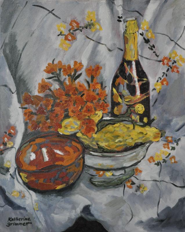 Orange Flowers on Embroidered Tablecloth, Champagne Bottle, Squashes and Green Beans