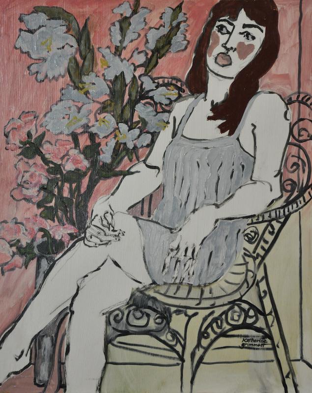 Woman in Grey-Pleated Chemise on Rattan Chair Beside Large Bouquet of Flowers